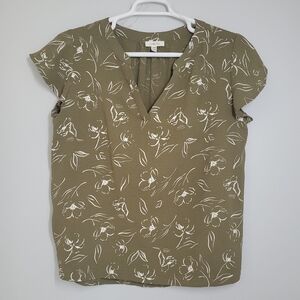 Como Blu Floral Olive Green V Neck Capped Flutter Sleeves Women's Top XL NWOT